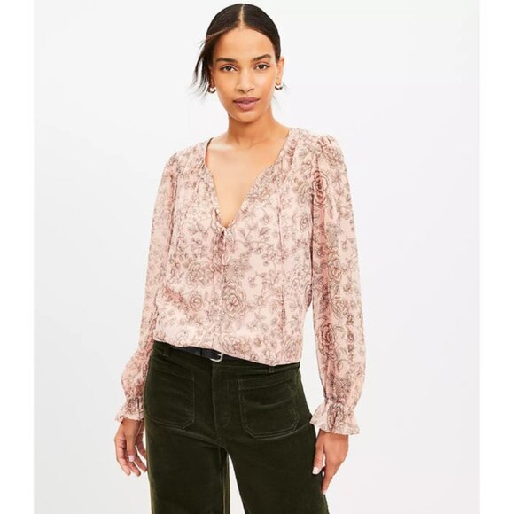 Ann Taylor LOFT Petite Etched Floral Double Tie Neck Blouse PL - Picture 2 of 3